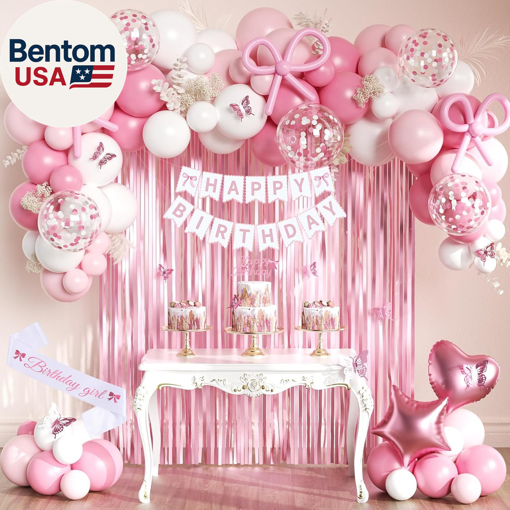Pink Bow Birthday Party Decorations, Coquette Birthday Decorations with Bow Bann