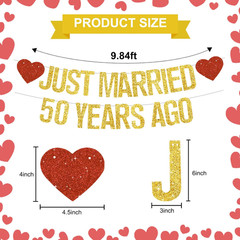 Gold Glitter Just Married 50 Years Ago Banner,No Diy,Pre-Strung 50Th Wedding Ann