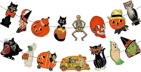 Vintage Halloween Garland Banner Decorations, Retro Pumpkin Orange and Black