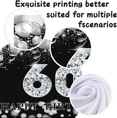 Happy 60Th Birthday Backdrop, Sixty Years Old Birthday Decoration Banner, Black