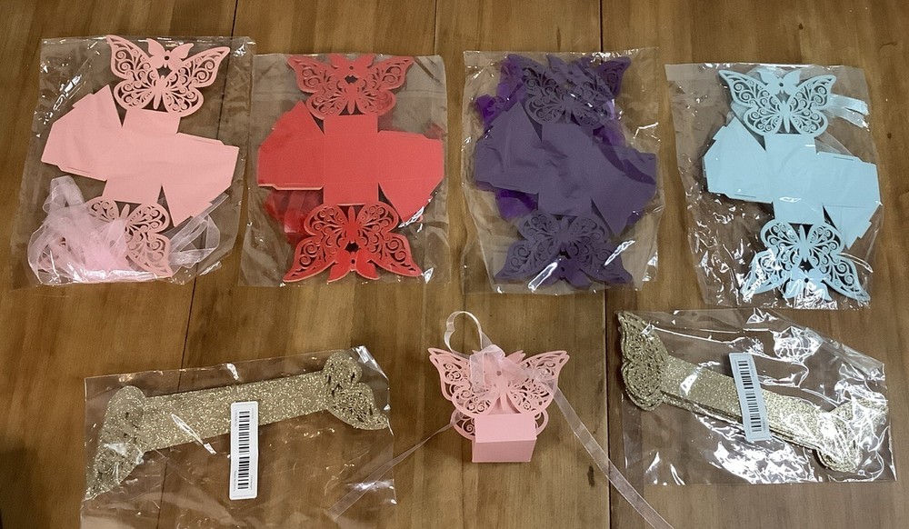 40 Butterfly Party Favor Boxes Plus 20 Glitter Gold Napkin Rings