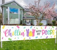 Happy Easter Decorations Chillin with My Bunny Fence Banner Yard Sign 9.8 x 2 ft
