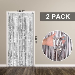 2 Pack Foil Curtain Backdrop Silver Metallic Tinsel Foil Fringe Curtains Phot…