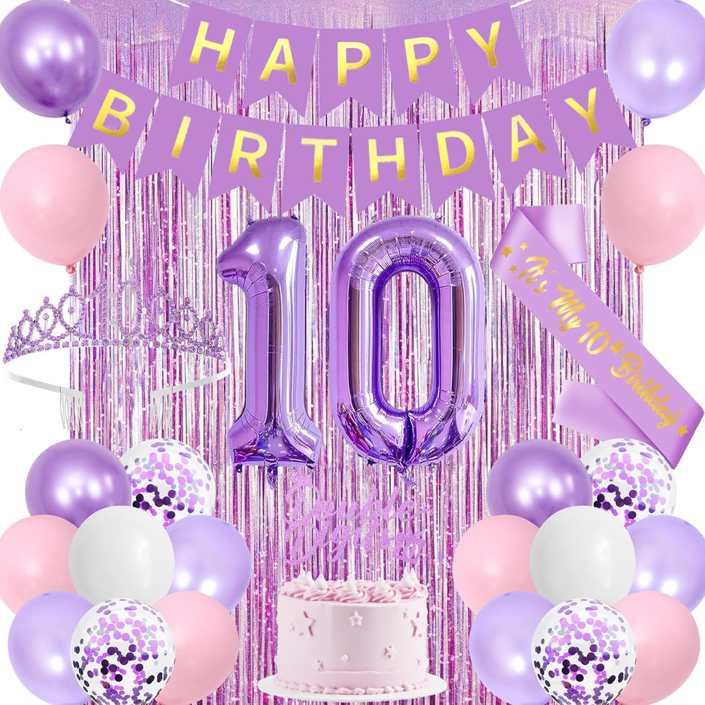 Purple Pink 10Th Birthday Decorations for Girls, Double Digits Birthday Party Su