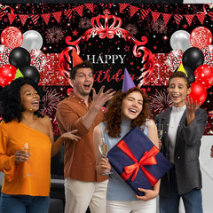 Red and Black Birthday Backdrop Glitter Red Banner for Women Girls Birthday Part