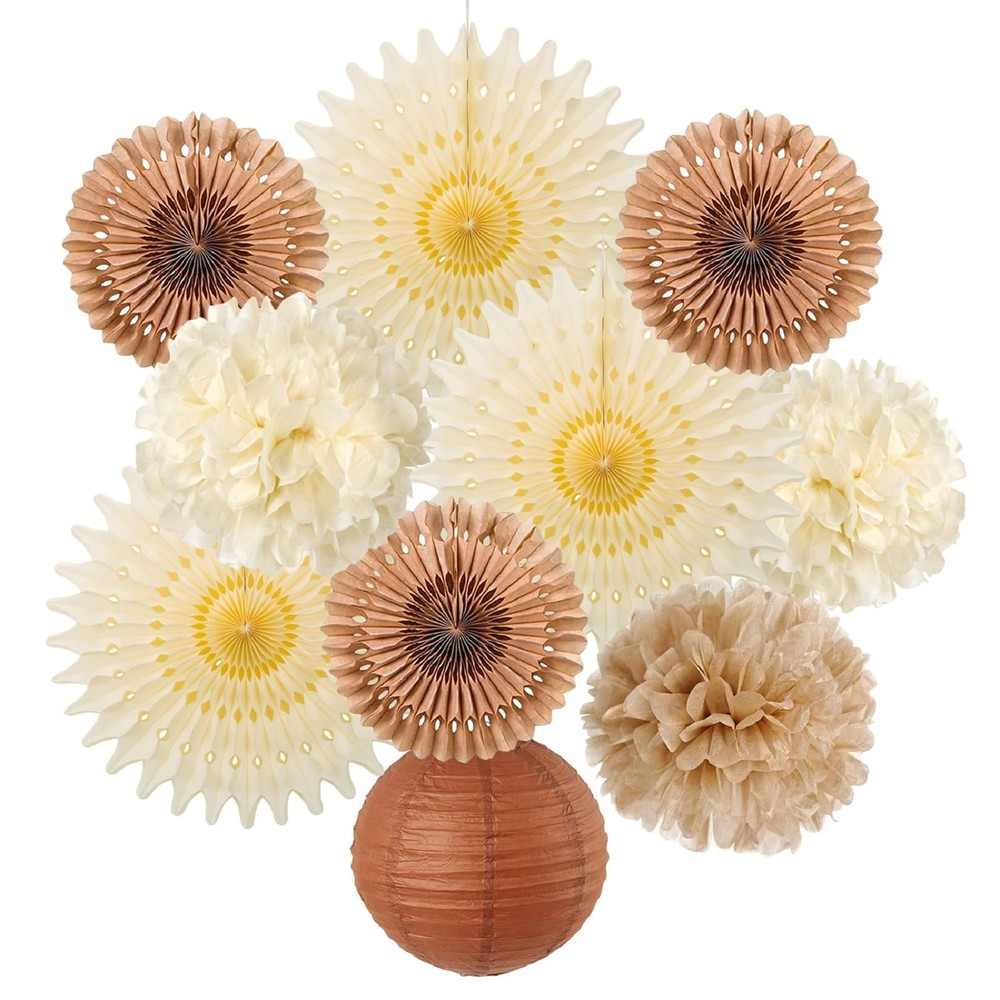 10 PCS Brown Rustic Paper Pom Poms Lanterns Folding Fans Party Decor Kit