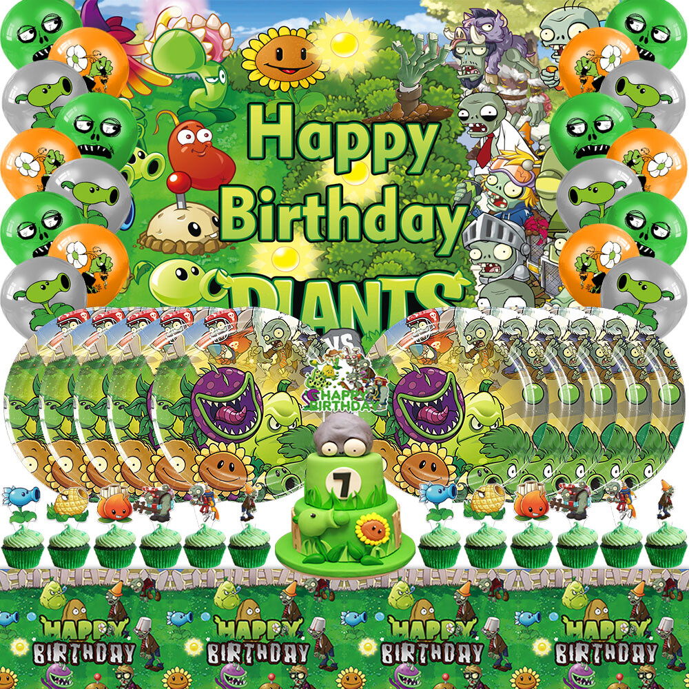 Plants vs Zombies Party Decorations Set Plates Balloons Banner Cake Toppers