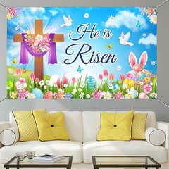 Mocicka Spring Easter Backdrop He is Risen Banner Floral Colorful Eggs green