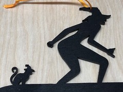 halloween / Surfing Hanging Witch & Cat. Laser Cut Painted Plywood. With Ribbon.