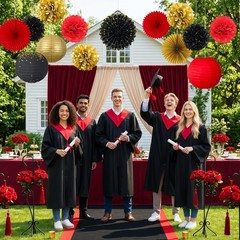Red Black Gold Party Decorations, 14 Pcs Hanging Fans, Lanterns, Pom Poms – E…
