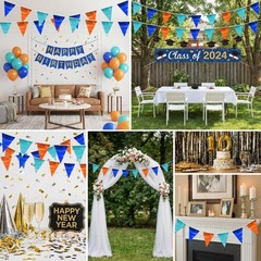 3P Blue LightBlue Orange Party Decorations – Metallic Fabric Triangle Pennant…