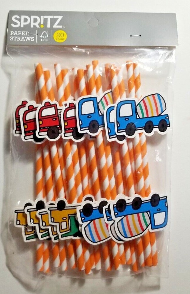 Kids Truck Novelty Straws Orange & White Stripe 20 Count Straw Cupcake Toppers
