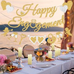 Glitter Engagement Banner with Heart Garland – Party Decorations & Wedding Decor