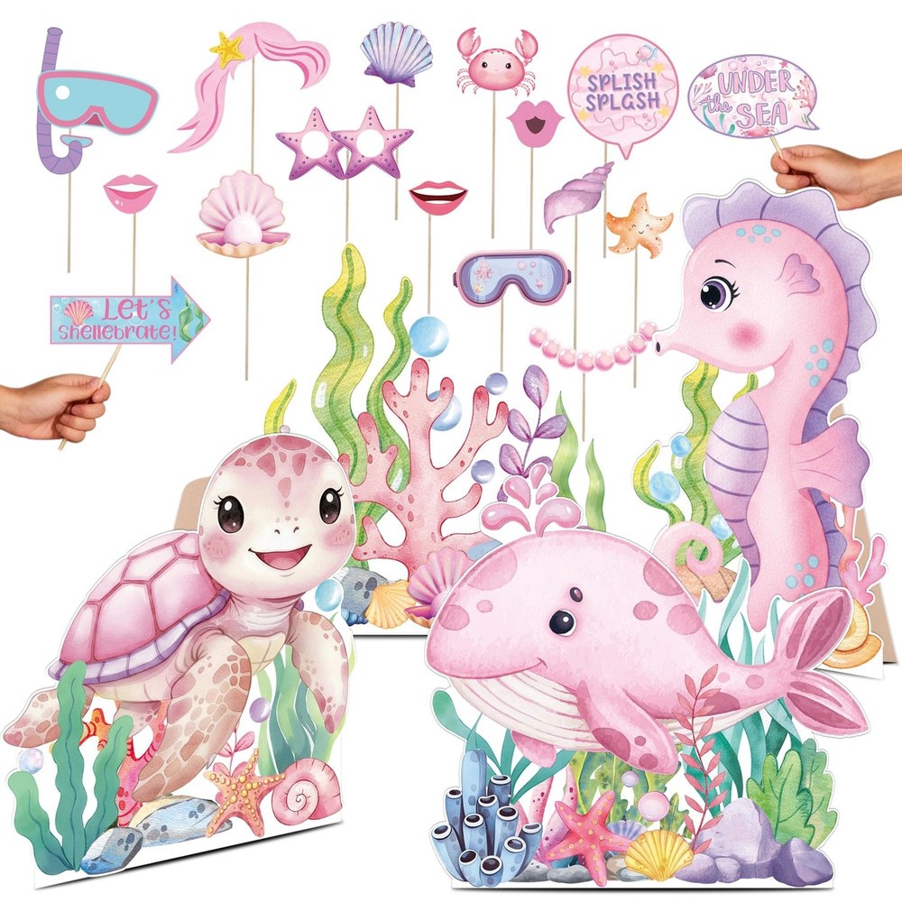 Pink Under The Sea Photo Booth Props, Ocean Baby Shower Decor