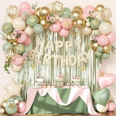 Pink and Sage Green Birthday Decorations, Pink Green Sand White Metallic Gold Fo