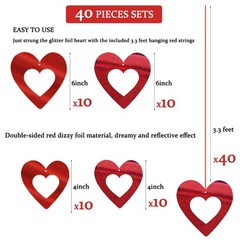 40 Pieces Valentine’s Day Glitter Heart Foil Hanging Decorations Red Hearts H…