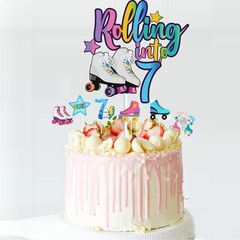 7 PCS Rolling into 7 Roller Skate Cake Toppers Set 7th Birthday Party Decor