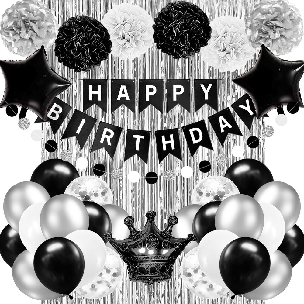 Black and Silver Birthday Party Decorations for Men Women Boys Girls Happy