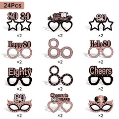 24PCS 80th Birthday Paper Eyeglasses, Rose Gold, Cheers to 80 Years, Props