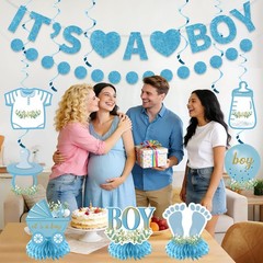 Baby Shower Decorations for Boy – 9PCS Light Blue Glitter It’s a Boy Gender R…