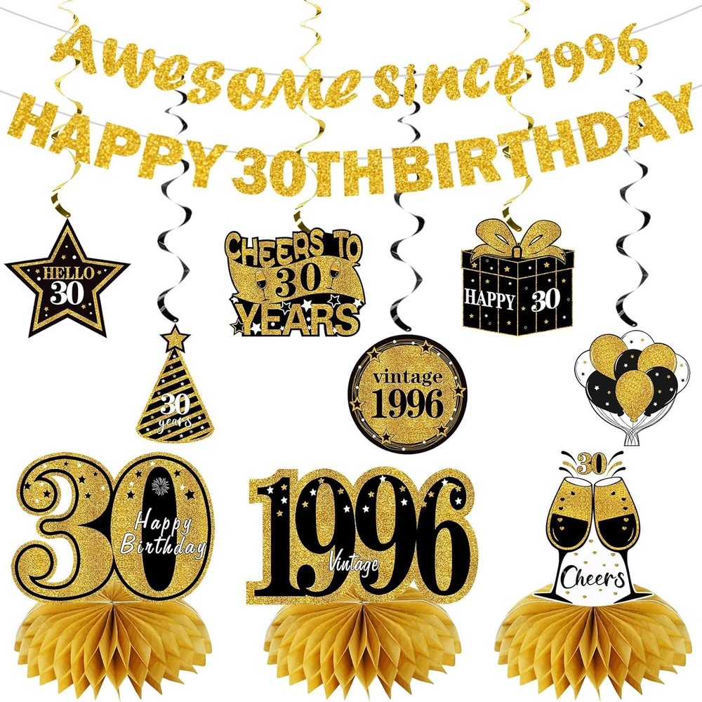 11Pcs 30Th Birthday Decorations Kit for Men Women, Black Gold Happy 30Th Birthda
