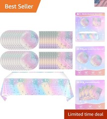 Iridescent Diamond Birthday Supplies Set: 20 Plates, 20 Napkins, 1 Tablecloth