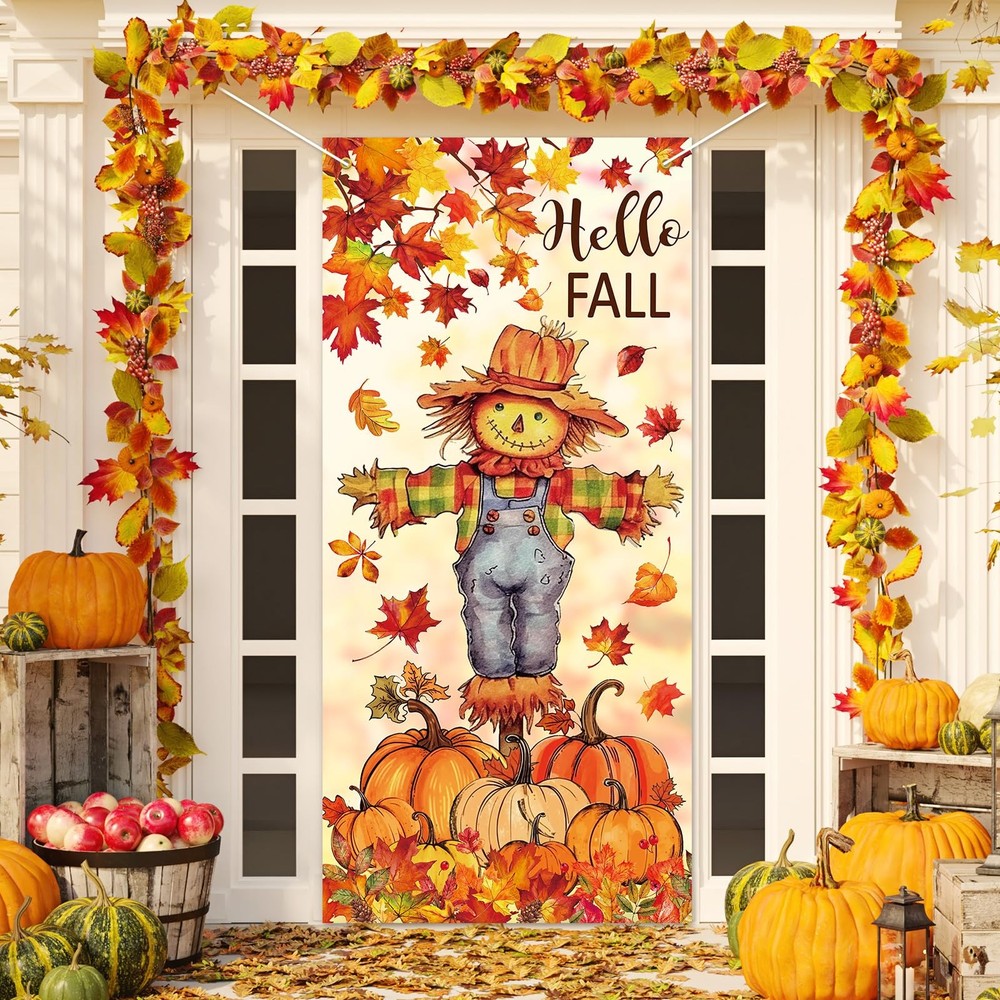 Fall Door Banner Cover Scarecrow Pumpkin Leaves Hanging
