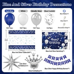 Blue and Silver Birthday Decorations, Blue White Silver Balloons Banner Table…