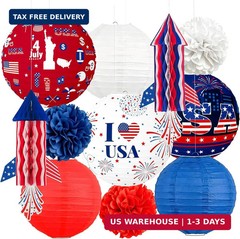 4th of July Decorations Red White Blue Paper Lanterns Flower Tissue Pom Poms Fan