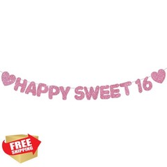 RICHHHA Glitter Pink Happy Sweet 16 Banner Pre-Strung Decor