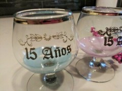 Vintage 15 Anos(year) Anniversary Birthday Glass Snifters Blue/Pink boy girl