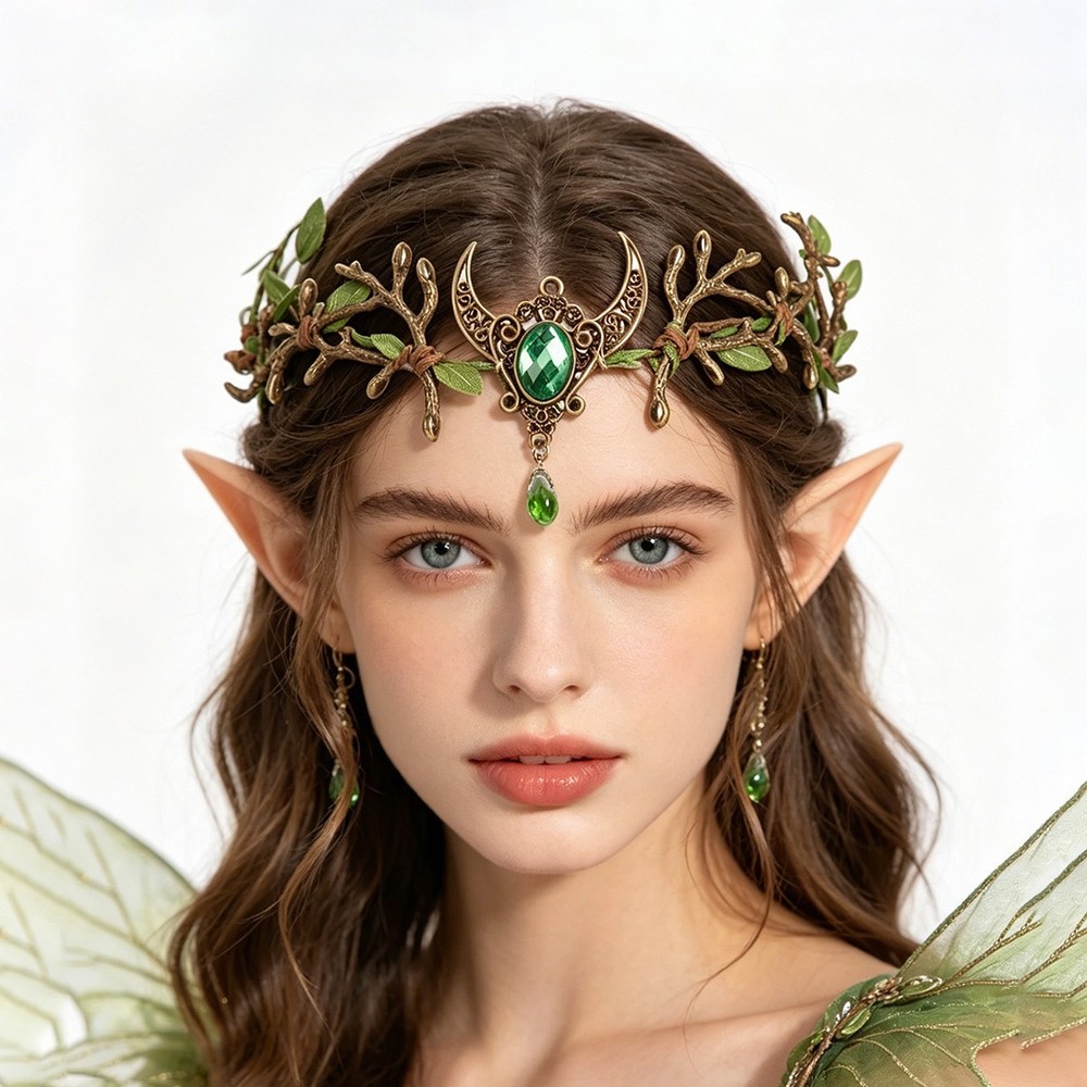 Fantasy Forest Fairy Moon Accessory – Green Gemstone Branch and Leaf Headband