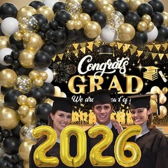 2026 Graduation Party Decorations – Black Gold Balloon Arch Kit & Congrats Grad