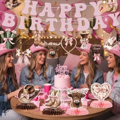 Coquettte Bows Decorations, 14 Pcs Pink Western Cowgirl Banner Hanging Swirls…