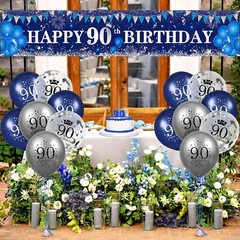 Blue 90Th Birthday Decorations for Men Women Navy Blue Silver Happy 90Th Birthd