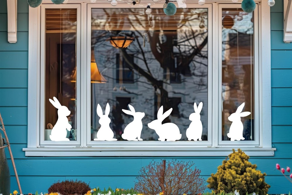 9 Sheets Easter Window Clings White Bunny Rabbit Window Stickers Double-Side Gla