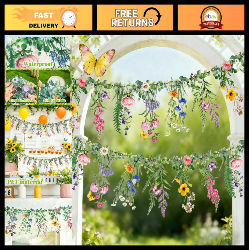 Wildflower Garden Banner 2 Pcs – 9.8FT Reusable Waterproof Garland for Parties,