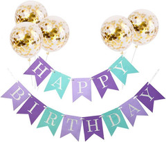 White HAPPY BIRTHDAY Banner with 5 Pcs Gold Confetti Balloons