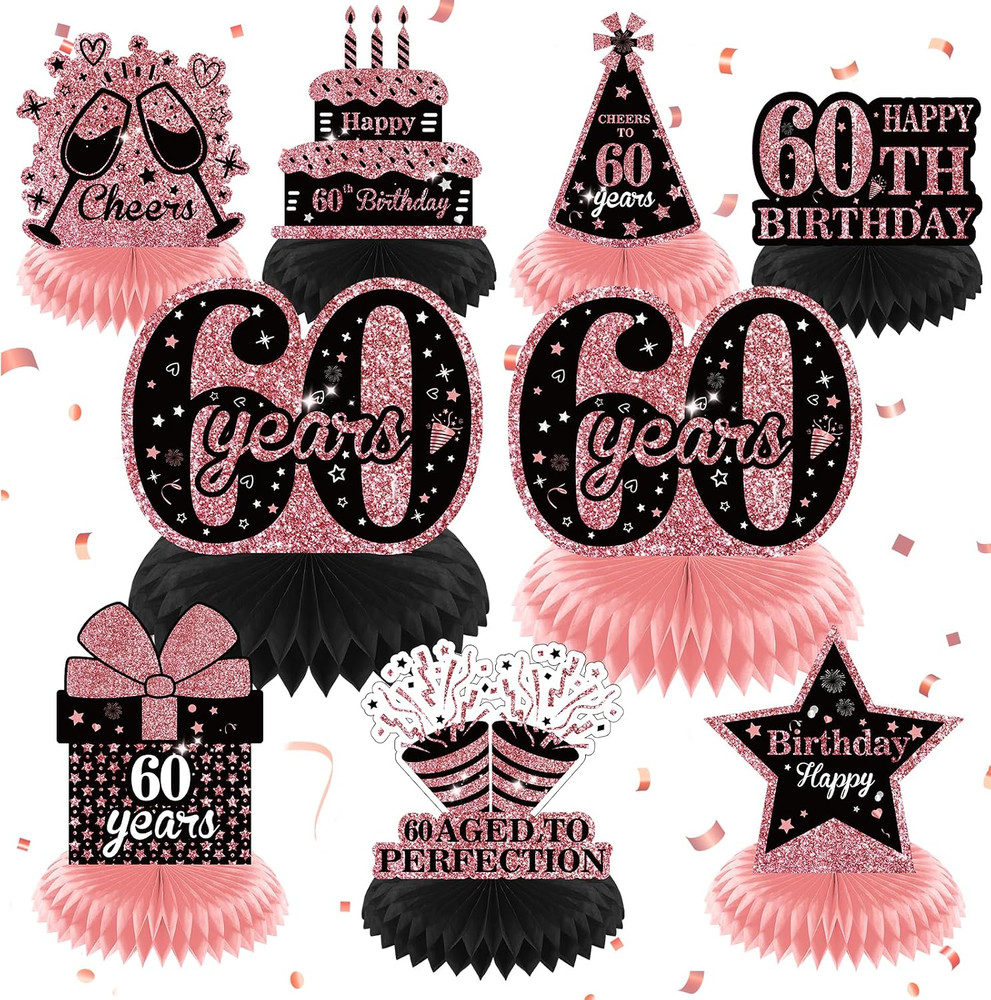 9Pcs Rose Gold 60Th Birthday Decorations Rose Gold Black Happy 60Th Birthday Tab