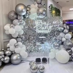 Silver Shimmer Wall Backdrop 20 pcs and Silver White Balloon Garland