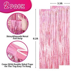 2-Pack 3.3×8.2 FT Laser Pink Foil Fringe Backdrop Curtains Tinsel Streamers