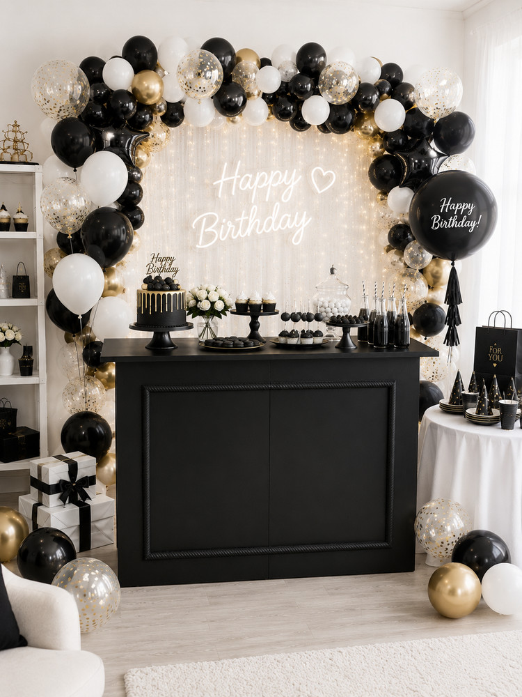 BLACK Birthday Party Cart with Rope Trim, Collapsible Dessert Bar,Cake Table