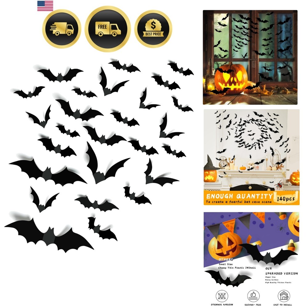 140pcs Bats Hallween Decorations Bats Wall Decor Realistic PVC 3D Black Scary…