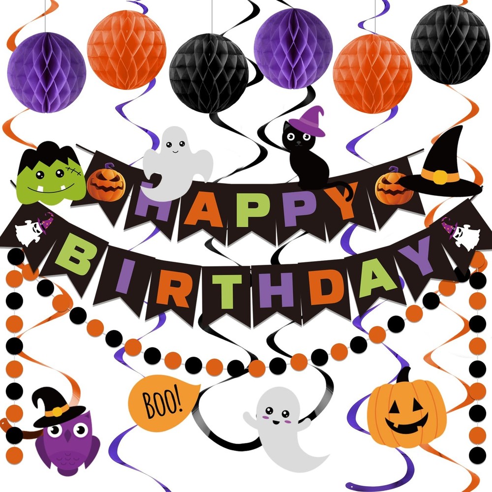 Halloween Birthday Decorations – Happy Birthday Banner with Honeycomb Ball, H…