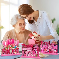 4 PCS Mother’s Day Decorations Wood Table Centerpieces Pink I Love U Mom