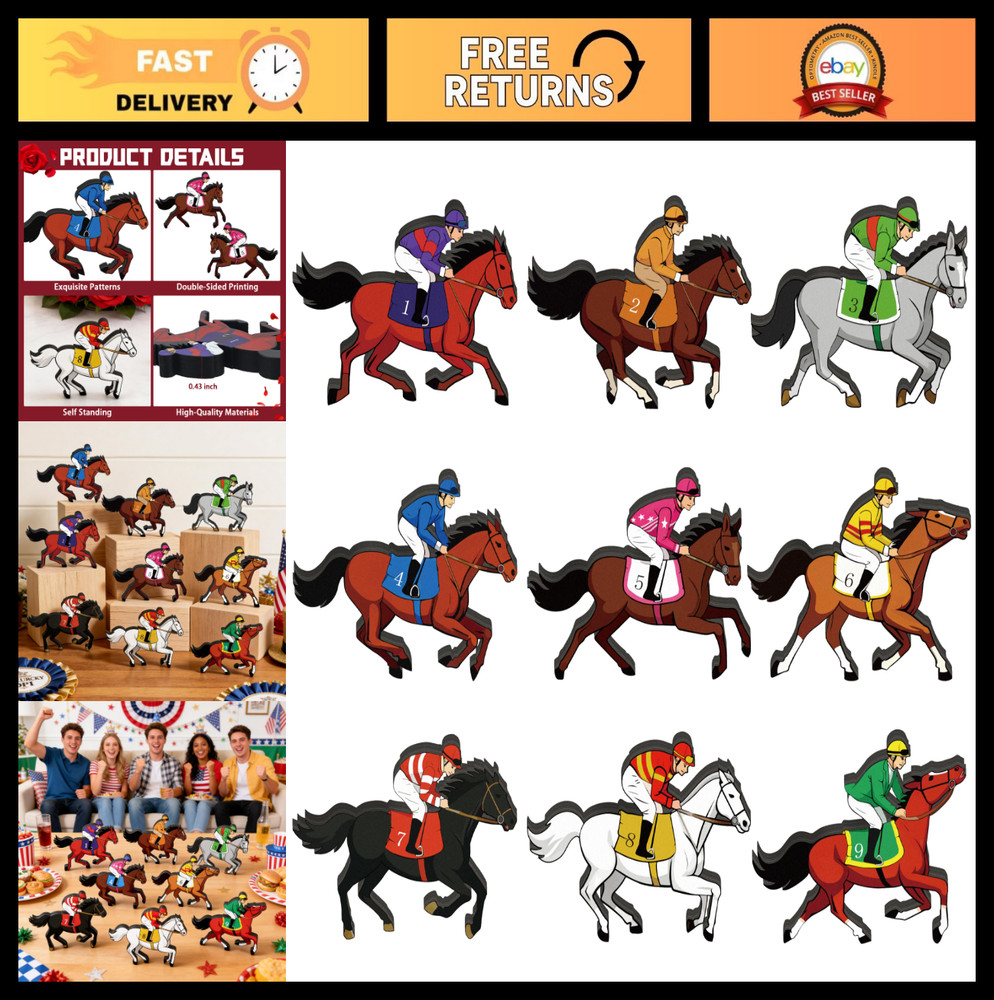 9 Pcs Wooden Horse Racing Table Centerpieces – Derby Party Decor, Festival Suppl
