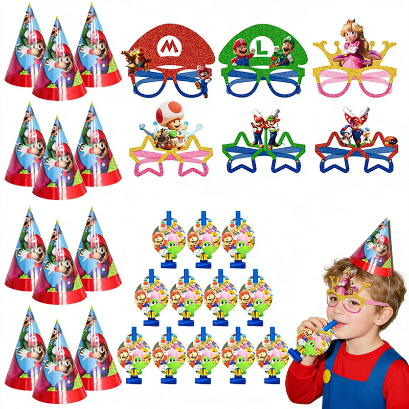 Super Mario Party Decoration Mario Game Birthday Supplies Blow Outs Glasses Hat