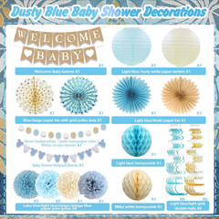 Baby Shower Decorations Kit, Welcome Baby Banner with Dusty Blue Paper Lanterns,