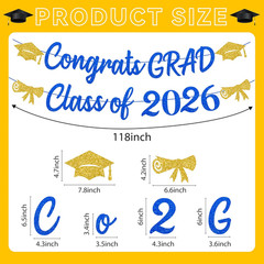 Blue and Gold Graduation Decorations Banner 2026,Glitter Blue and Gold Class of