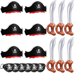 18 Pcs Funny Pirate Party Set- Include 6 Pirate Hats, 6 Eye Patches, 6 Inflatabl